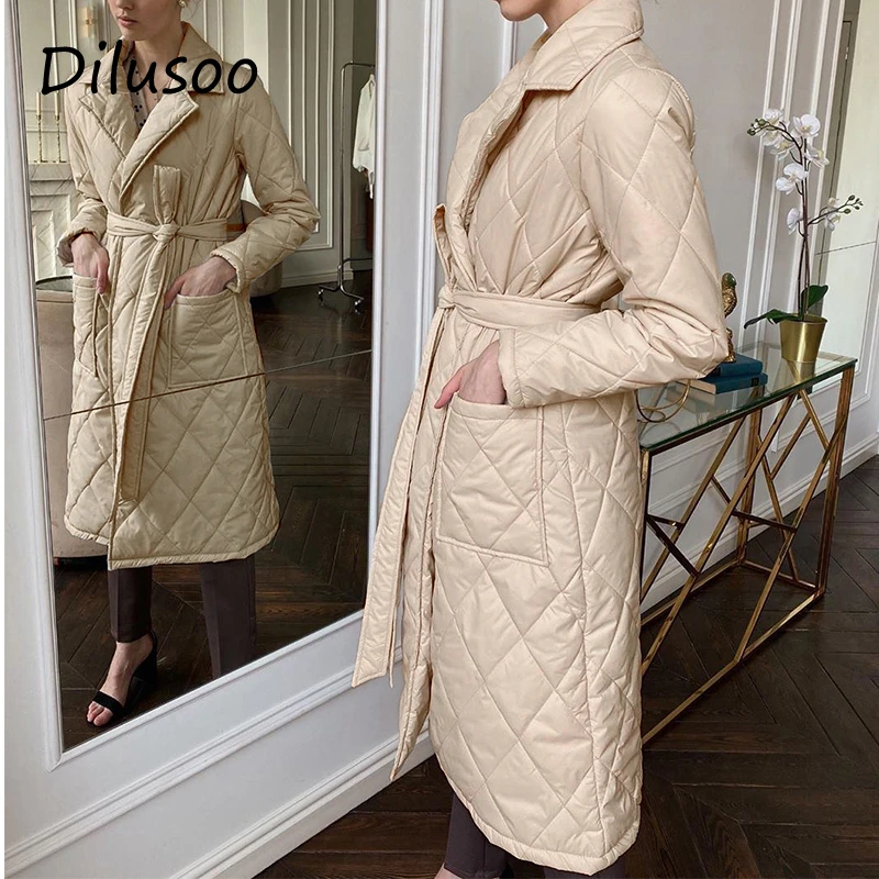 

Dilusoo Women Long Straight Winter Coat With Rhombus Pattern Casual Sashes Woman Parkas Deep Pockets Stylish Outerwear Ladies