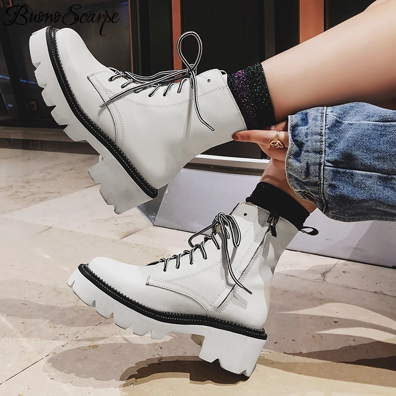 Buono Scarpe Mixed Color Women Ankle Boots Lace Up Female Ankle Botas Mujer Thick Bottom Genuine Leather Boots Fenimina Non-Slip