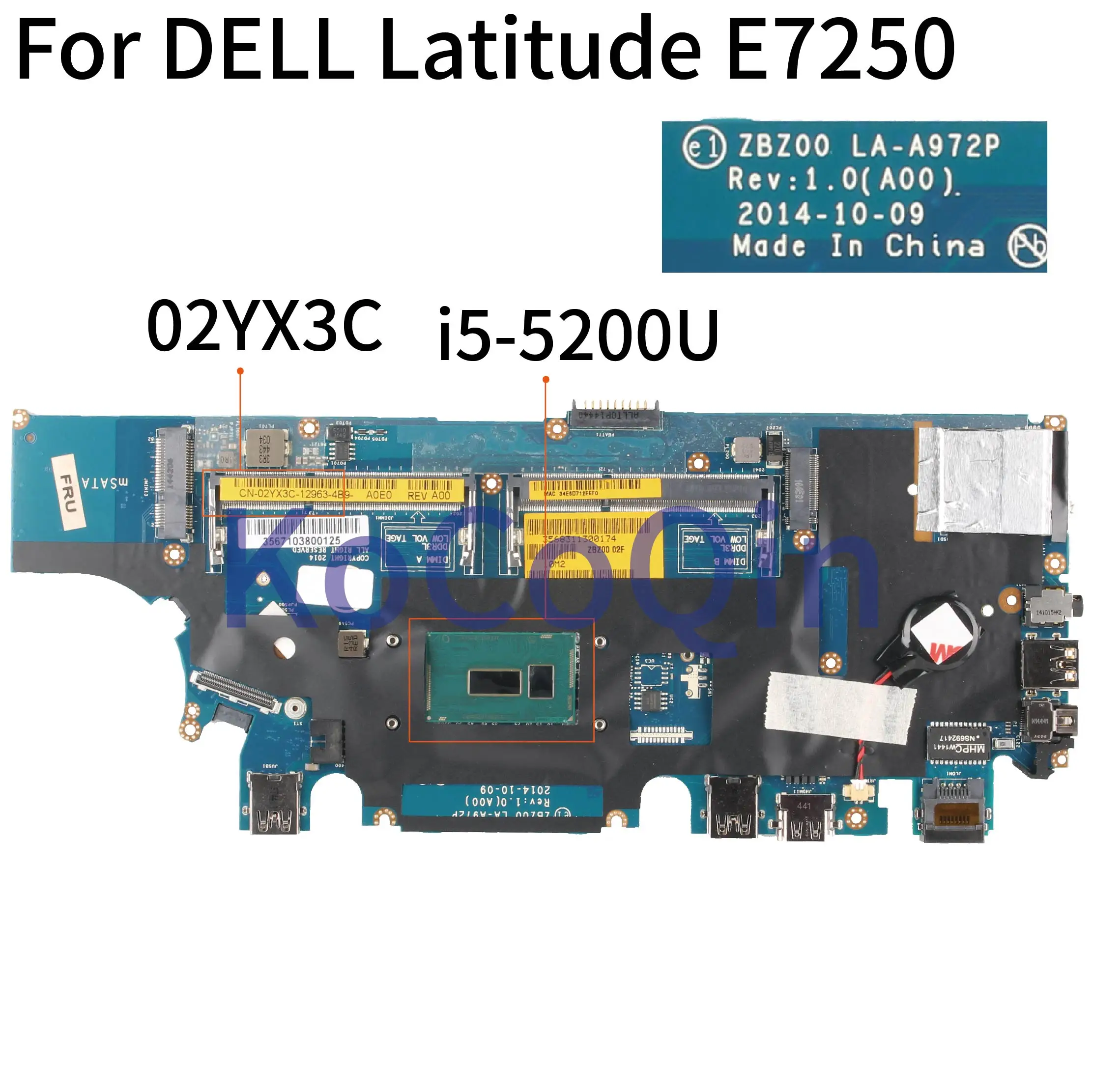 Very best  KoCoQin Laptop motherboard For DELL Latitude E7250 SR23Y i5-5200U CPU CN-02YX3C 02YX3C LA-A972P Mai