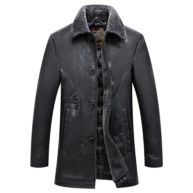 

Winter Men Plus Fat plus Size Skin Down Jacket Fat Man Leisure Plus Velvet Leather Coat Fat Loose Middle Age Dad Pack