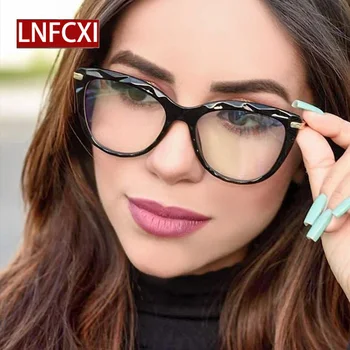 

LNFCXI Round Eyeglasses Frame Women Flat Mirror Female Metal Spring Leg Spectacle Frame Crystal Multi Section Myopia Glasses