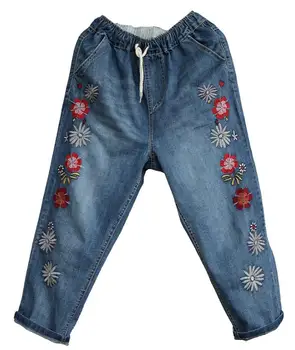 

High waist Embroidery Harem Jeans Distressed Women Loose Plus Size 2020 Womens Jeans Elastic Waist Denim Calf-Length Pants w547