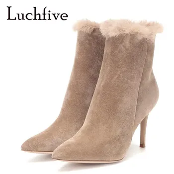 

Natural Sheep Fur Ankle Boots Stiletto High Heel Pointed Toe Winter Warm Shoes Formal Ladies Party Shoes Women Boots