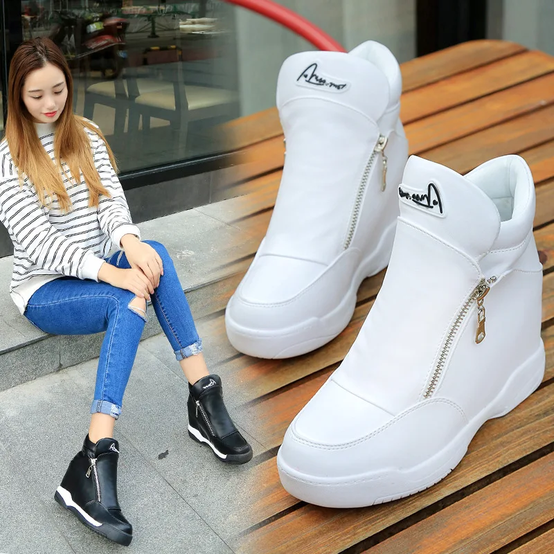

2019 Autumn And Winter New Style Elevator High Shoes Slanted Heel Soft-Sole Thick Bottomed Casual Sports Shoes Side Zipper Black