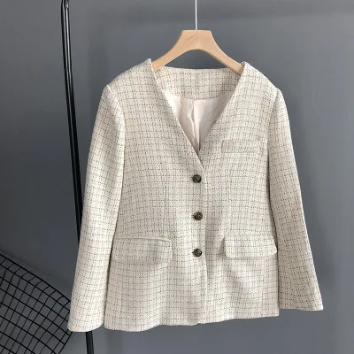 beige Клетчатый женский костюм элегантный однобортный пиджак с цепочками v-образный вырез элегантная верхняя одежда Новинка 201 весна осень женский костюм пальто - Цвет: beige