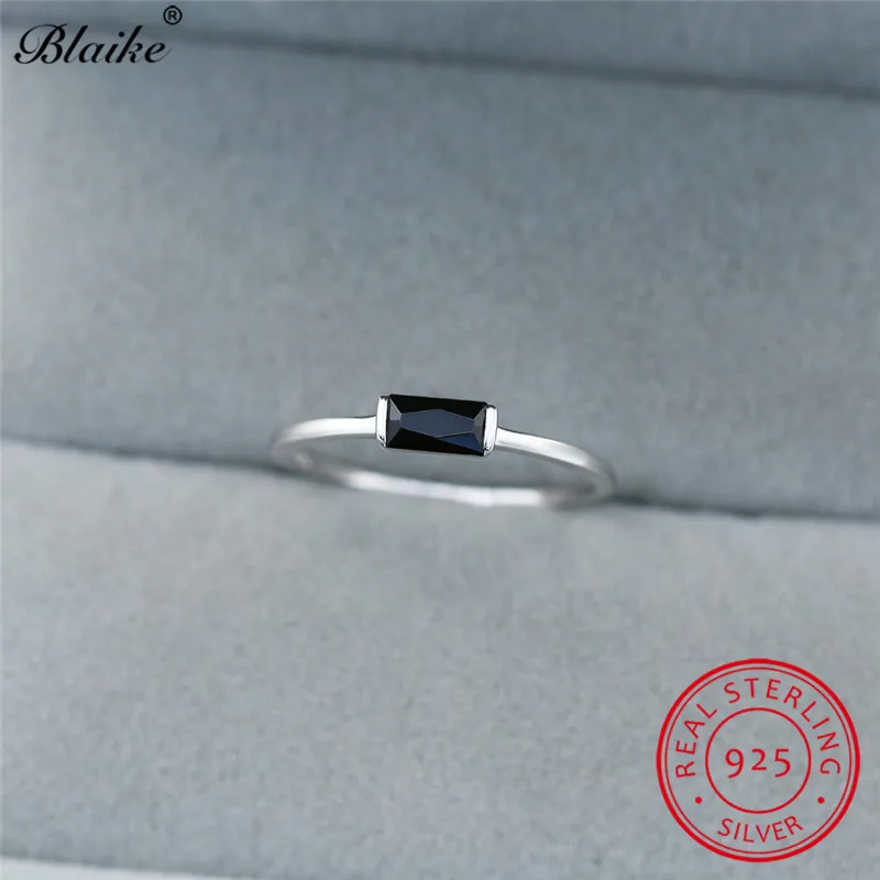 Настоящее кольцо из серебра s925 пробы, голубой, красный, черный циркон, маленький прямоугольник, каменные кольца для женщин, свадебное тонкое кольцо, кольца для укладки - Цвет камня: Black Ring