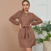 

Donsignet 2021 Autumn Winter New O Neck Long Sleeve Dresses for Women Solid Belt Mini Dress for Women