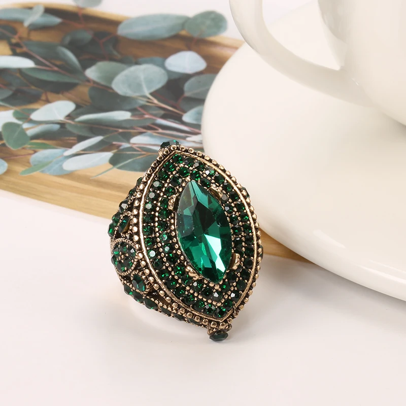 Antique Ring crystal rings bohemian rings stone rings fashion rings gold rings wedding rings fashion ring finger rings metal rings For Women Vintage Look AAA Green Crystal Boho Jewelry Gold Color Charm Ethnic