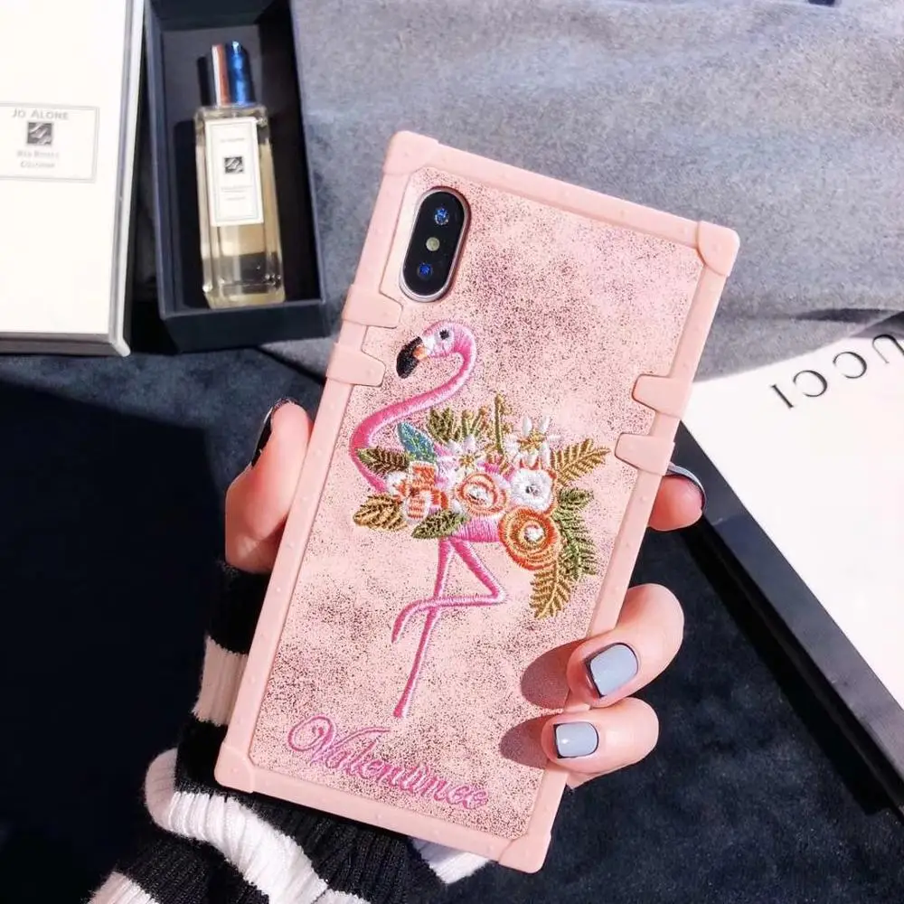 Luxury Embroidery Flamingo Flower Phone Case For iPhone X 6 6S Plus 7 8 Back Pink Panther Cover Capa XR XS Max | Мобильные телефоны