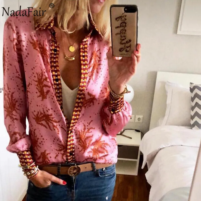 Nadafair Цветочная винтажная атласная блузка для женщин осенние повседневные топы с длинным рукавом Элегантного размера плюс офисные шелковые блузки рубашки - Цвет: Розовый