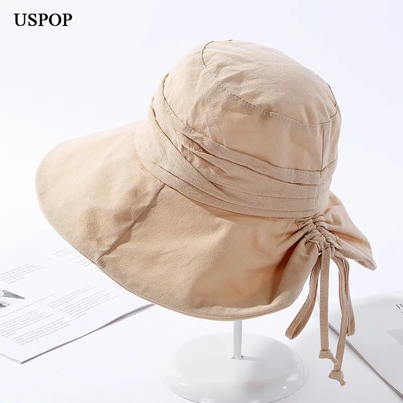 

USPOP 2020 Drawstring bow bucket hats breathable cotton sun hats anti-uv wide brim bucket hats