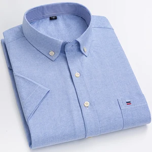Men's Oxford Short Sleeve Summer Casual Shirts Single Pocket Comfortable Standard-fit Button-down Plaid Striped Cotton Shirt