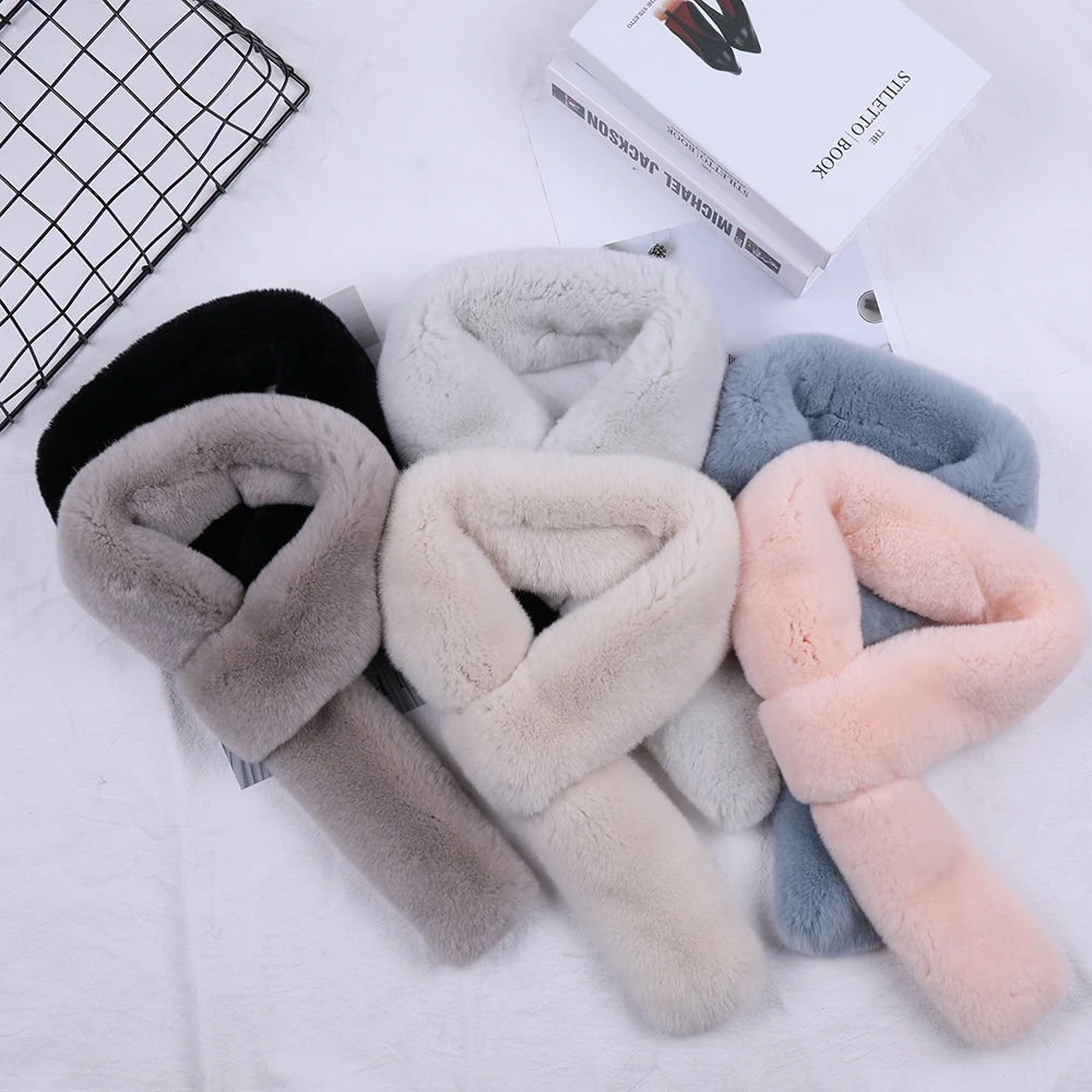 

2019 Women Real Rex Rabbit Fur Scarf Girls Lovely Natural Fur Double Sided Snood Scarves Winter Soft Warm Cute Neckchief Wraps