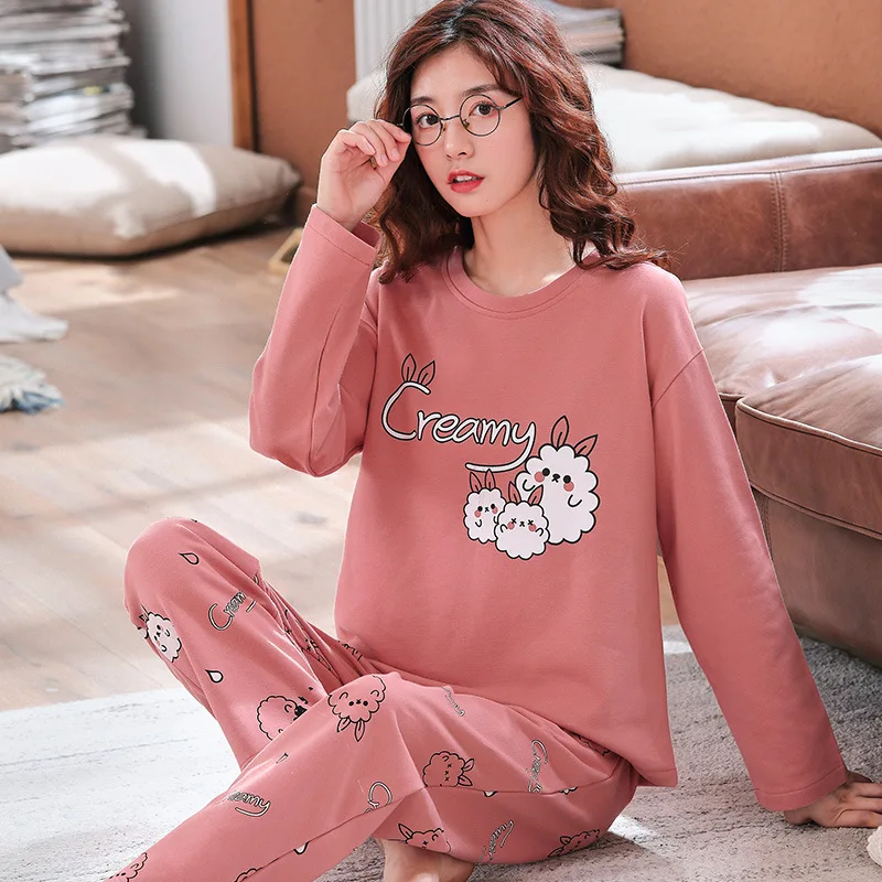 Style 2026 Пижамный комплект, Женский хлопковый весенне-осенний костюм из двух предметов с длинными рукавами, большие размеры, зимние студенческие милые брюки и топ, одежда для сна - Цвет: Style 2026