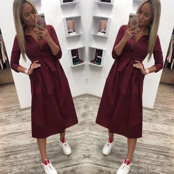 

Women Casual Solid Button Sashes Dress Turn-Down Collar Seven Sleeve Office Dress Spring New Fashion A-line Party Dress Vintage