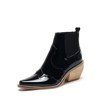 

Leather Boots Women Genuine Pointed Toe high Heel Ankle Boots Thick Square Heel Slip On Western Boots Cowboy Boots Women