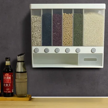 

10KG Wall Mounted Divided Rice and Cereal Dispenser Automatic Plastic Cereal Storage Box 6 Moisture Proof Automatic Racks