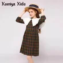 Kseniya/детское модное весенне-осеннее платье с длинными рукавами для девочек, новинка, белый кружевной воротник, клетчатая хлопковая шерсть