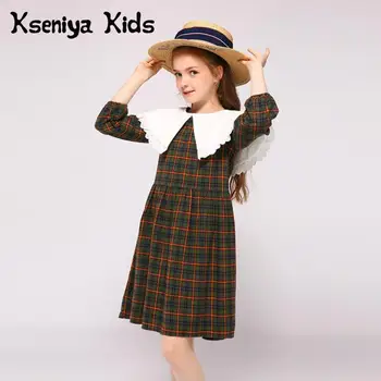 

Kseniya Kids Fashion Spring Autumn Long Sleeve Novelty Girls Dress White Lace Collar Plaid Cotton Wool