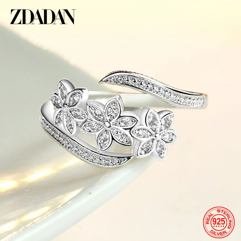Silver Ring ZDADAN 925 Sterling Silver Adjustable Open CZ Flowers Ring for Women