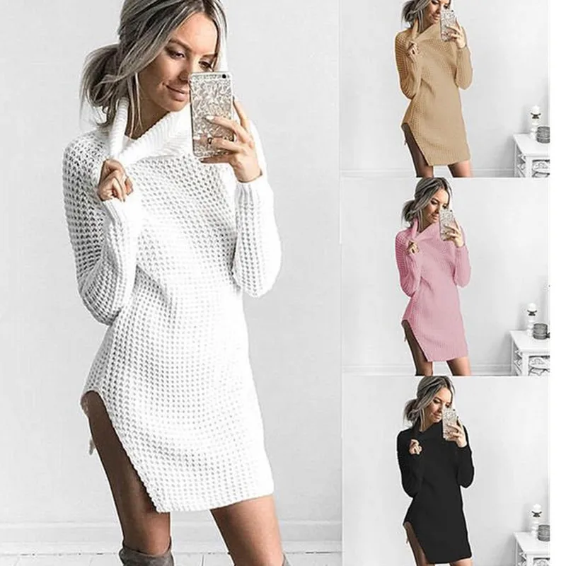 

Sweater Dress Women Winter And Autumn Turtleneck Long Sleeve Knit Sweater Asymmetrical Hem Joker New Sleeve Sweater