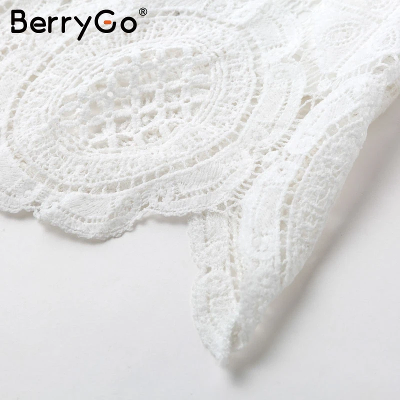BerryGo сексуальное открытое белое платье с высоким воротом, женское элегантное кружевное платье с длинным рукавом для вечеринки, шикарное прямое женское осеннее короткое платье
