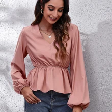 

Spring Autumn Fashion Solid Blouse Pullover Ladies V-Neck Tee Tops Female Women's Lantern Long Sleeve Shirt Blusas Clothing