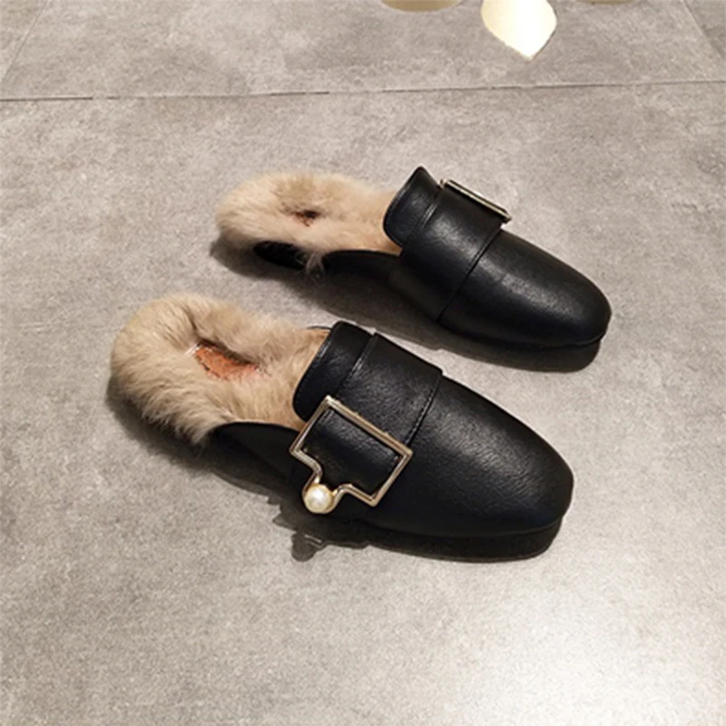 Shoes Square Toe Slippers Fur Slides String Bead Loafers Fashion Shallow Plush Soft Flat Cover Luxury PU Basic Rubber