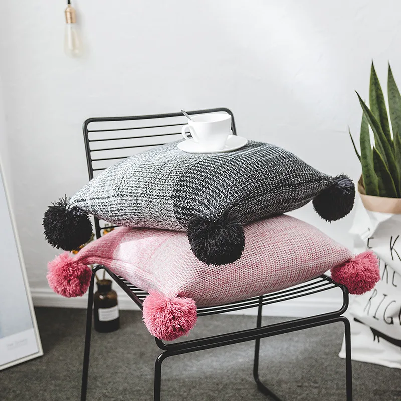 

Ins Nordic Gradual Pillowcase With Corner Ball Contrast Knitting Wool Sofa Pillow Cover Square Cushion