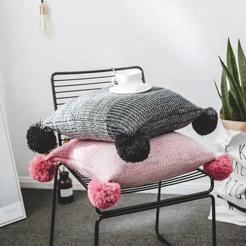 

Ins Nordic Gradual Pillowcase With Corner Ball Contrast Knitting Wool Sofa Pillow Cover Square Cushion