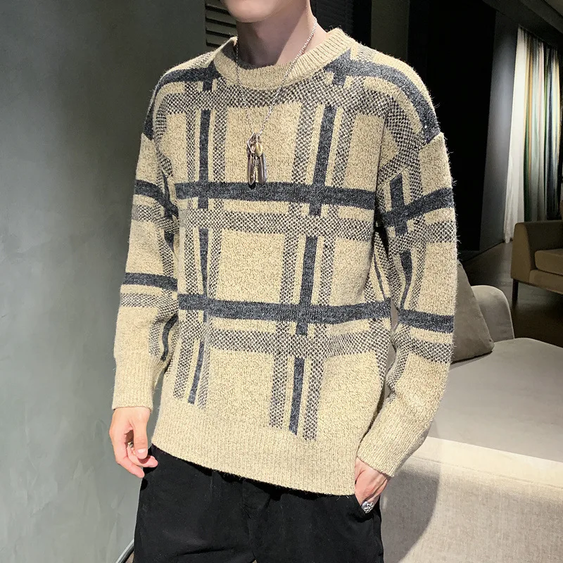 

Winter Plaid Crew Neck Sweater Men's Loose-Fit Thick-Korean-style Trend Cool Sweater Men's Base Sweater