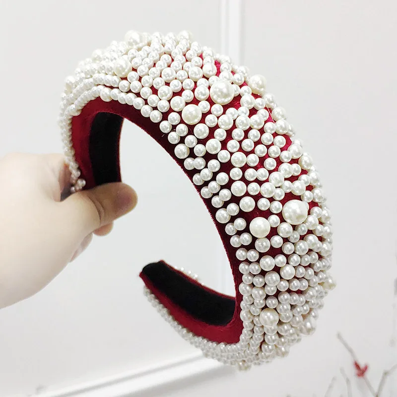 DUOJIAOYAN, евро-американская мода, женская повязка на голову, губка, жемчуг, лента для волос, полный жемчуг, аксессуары для волос для девочек, роскошный бархатный головной убор