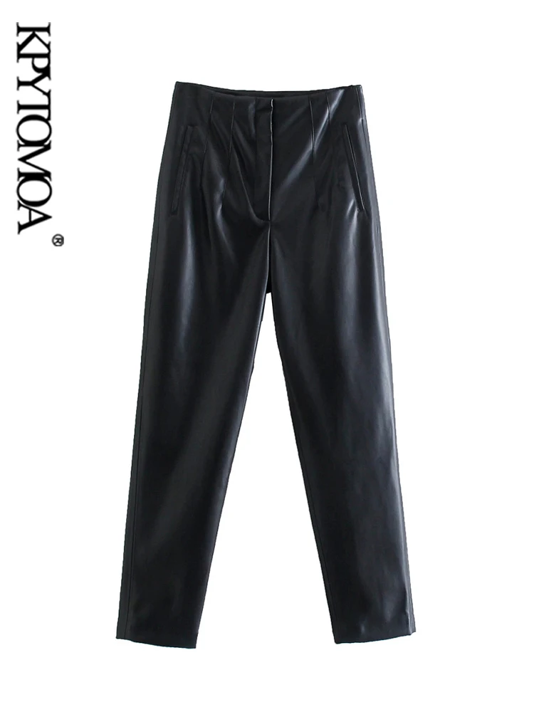 KPYTOMOA Women Fashion Front Welt Pockets Faux Leather Pants Vintage High Waist Zipper Fly Female Ankle Trousers Mujer | Женская одежда