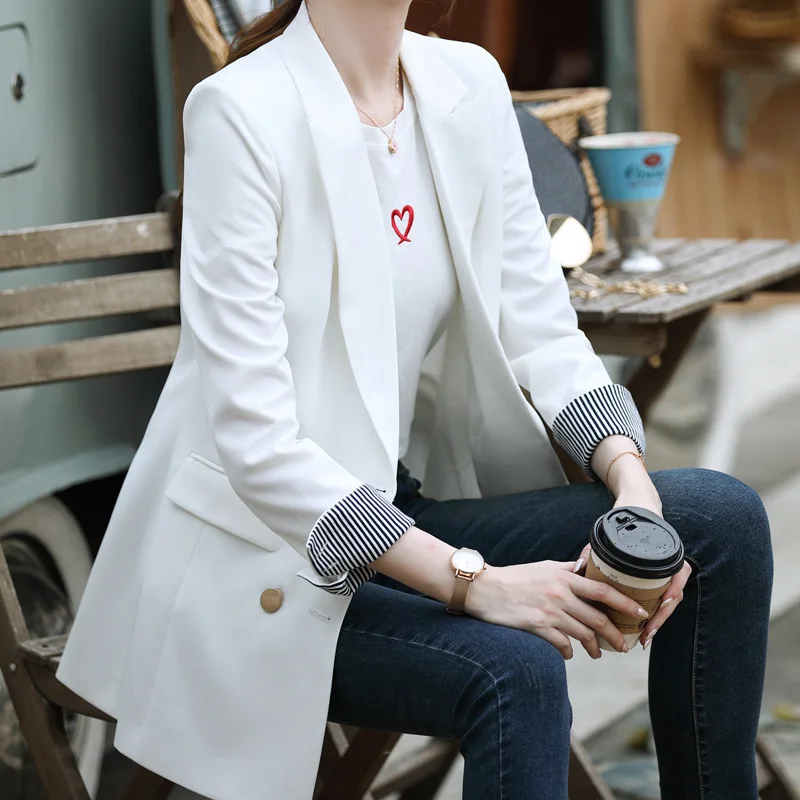 white jacket Белый блейзер, пиджак для женщин, льняной Блейзер, пальто с длинным рукавом, двубортный, с карманами, свободный, длинный пиджак, для офиса, леди, 80810 - Цвет: white jacket