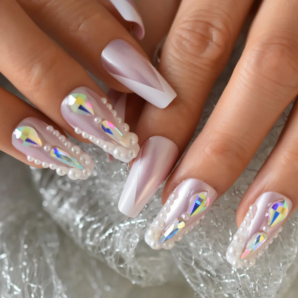 Coffin Shape Fake Nails Golden Pink Long False Nails Colorful Rhinestone Mixed V Pearl Garnish Press On Nails Manicure Tools False Nails Aliexpress