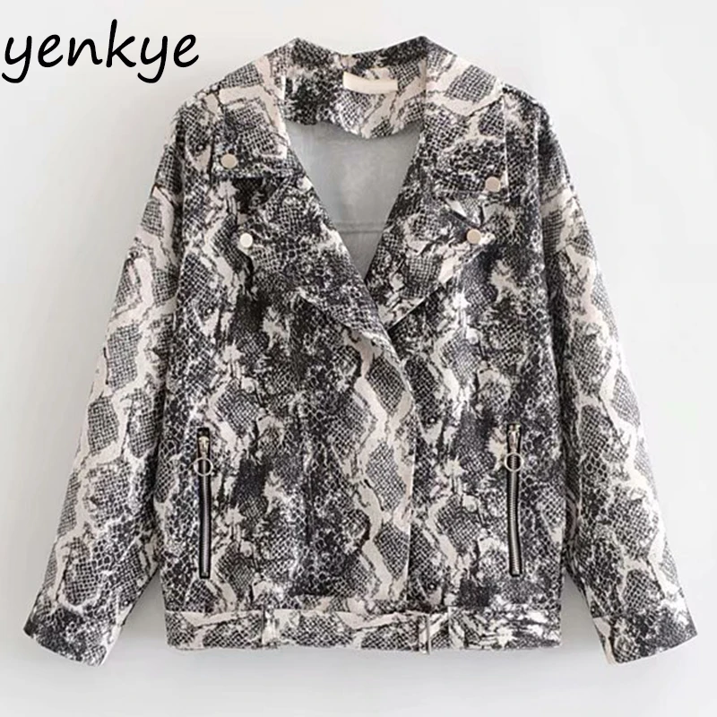 

Streetwear Women Vintage Snake Print Jacket Long Sleeve Lapel Collar Motorcycle Jacket Autumn Outerwear Plus Size chaqueta mujer