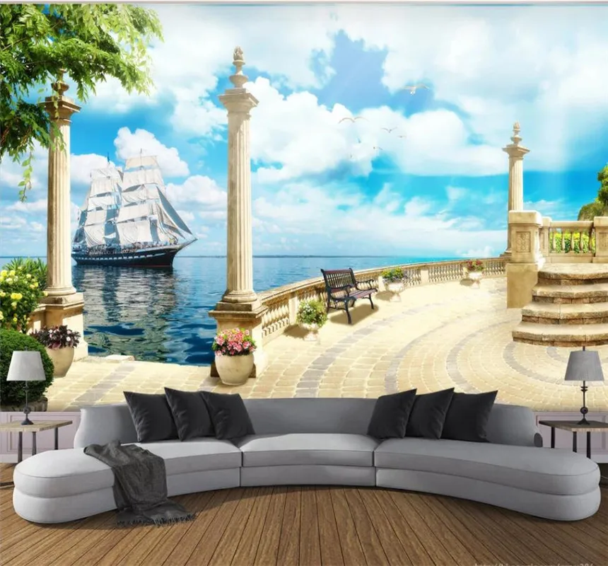 XUESU  Customizable wallpaper 3D/5D/8D waterproof wall covering Roman column balcony sailing boat sea view background wall 5mp ip camera security cctv outdoor wall amount rj45 wifi wireless external waterproof ip66 nvr onvif protocol ptz 360° view