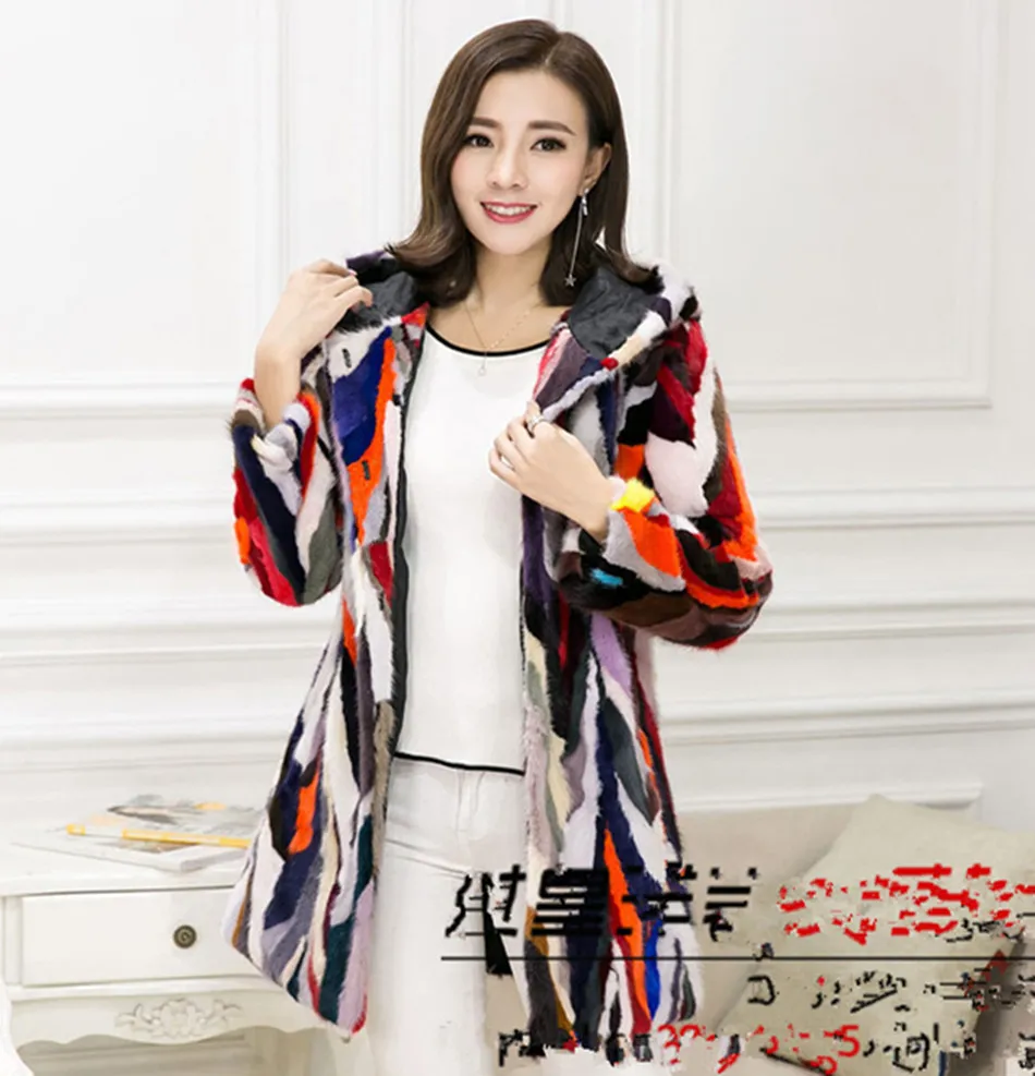 

2019 New Women's Real Mink Pieces Fur Women Coat Hooded Plus Size