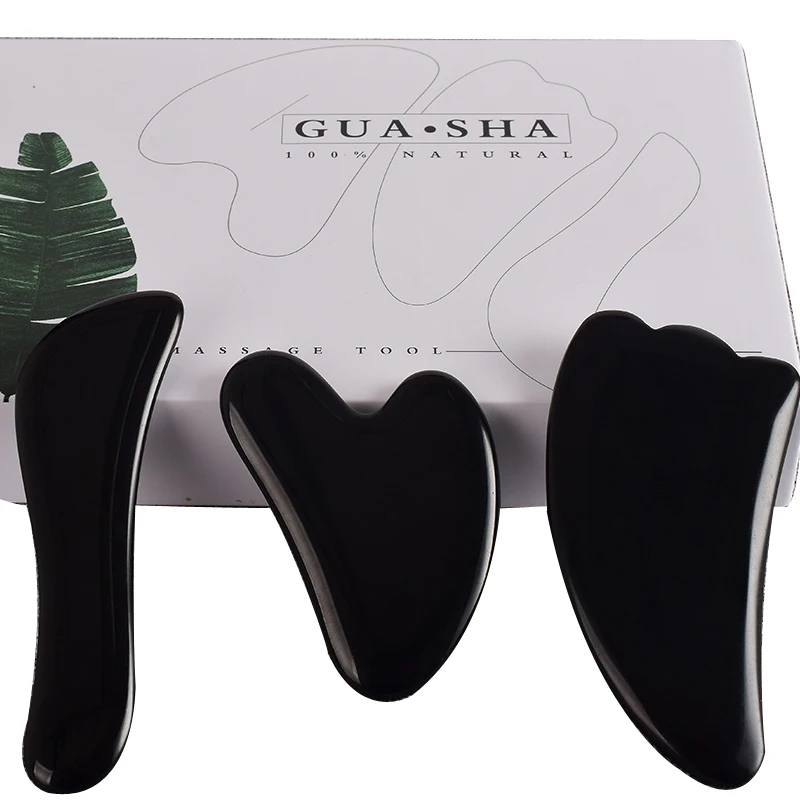 Натуральный черный обсидиан Gua sha Бянь камень для спа-терапии лица для тела нефрит гуаша для лифтинга похудения Скрап доска набор