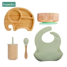 Bobobo – tasse à paille en Silicone, bol à aspiration, assiette en bois de bambou, bavoir réglable, cuillère en bois sans BPA, boîte cadeau pour fournitures pour nouveau nés, 5 pièces 