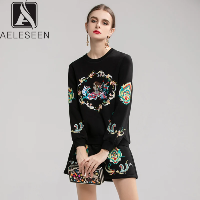 AELESEEN дизайн подиумный узор повседневный костюм пуловер Толстовка+ короткие штаны винтажные роскошные женские костюмы с вышивкой