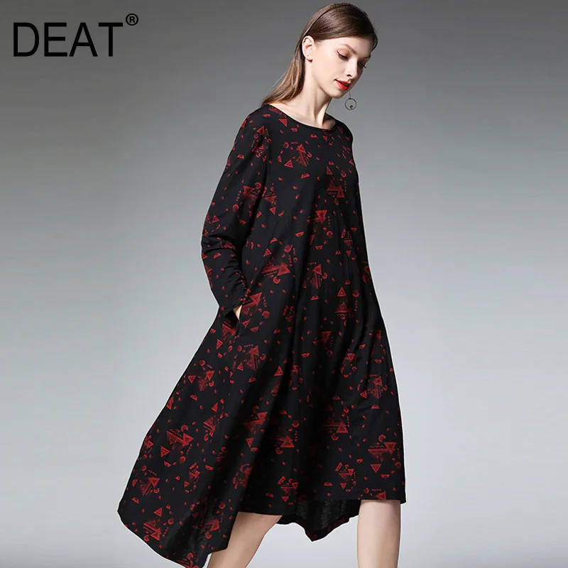 

DEAT 2019 Spring New Loose Irregular Black Bottom Printing Long Sleeve Dress With Pockets Round Collar Women's Clothes QF020