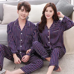 Women Men Striped Print Long-sleeve Sleepwear Rayon Home Clothes Couple Satin Pajamas Pyjama Set