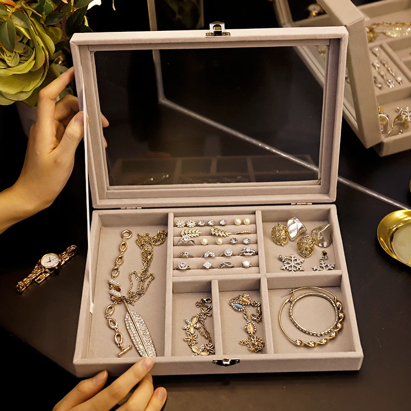 Velvet Gray Carrying Case with Glass Cover Jewelry Ring Display Box Tray Holder Storage Box Organizer Earrings Ring Bracelet