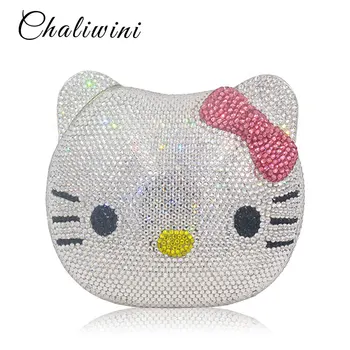 Chaliwini Hello Kittty Women Crystal Evening Bags Hard Case Hand Made Diamond Minaudiere Handbags Animial Clutch Purses