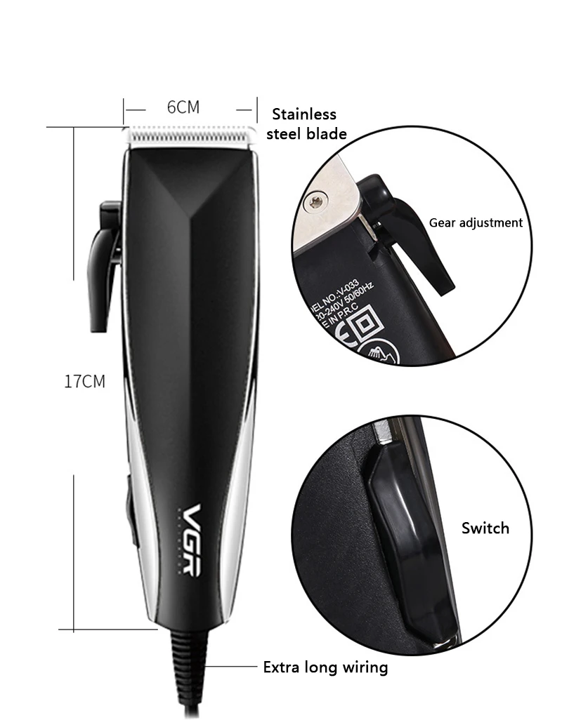 VGR V033 профессиональная электрическая машинка для стрижки волос Проводная Парикмахерская Бритва для стрижки волос-черный