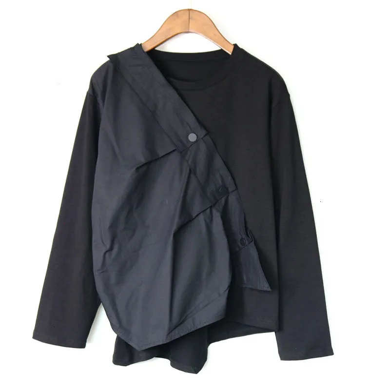 Concise Autumn Urban Leisure Round Neck Long Sleeve Patchwork Button Niche Design Ins Wind T-shirt ZX380
