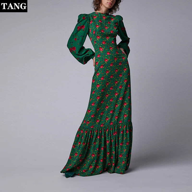 2019 Fashion Runway Print Splicing Maxi Dress Women Round Neck Lantern Sleeve Party Rose Floral Waist Ruffle Holiday Long | Женская