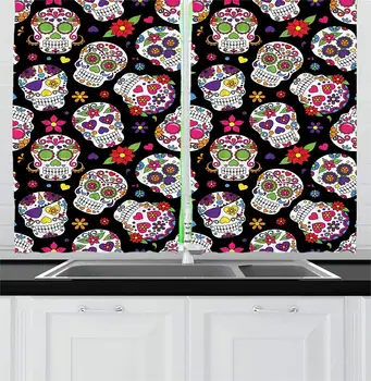 

Sugar Skull Blackout Curtains Festive Graveyard Mexico Ritual Figures Mask Design on Black Backdrop Window Drapes Living Room