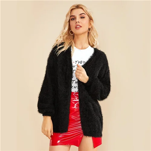 Черный SweatyRocks, черный кардиган с открытым передом, с рукавом Бишопа, новинка, Осенний женский кардиган с длинным рукавом, повседневная женская верхняя одежда - Цвет: Черный